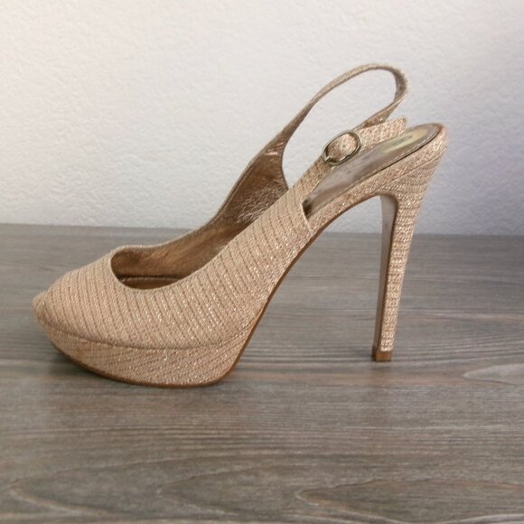 Adrianna Papell Shimmery Sparkly Gold Stiletto Heels Shoes Slingback Peep Toe 8 - Picture 8 of 16